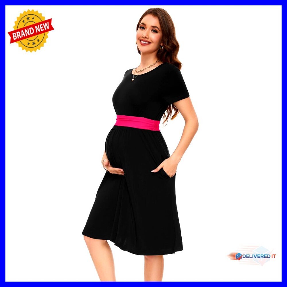 Maternity Dress Short Sleeve A-Line Midi Fitted Pregnancy Clothes